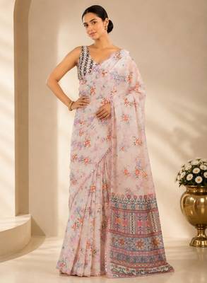 printed chinon silk blend mirror lace saree 2