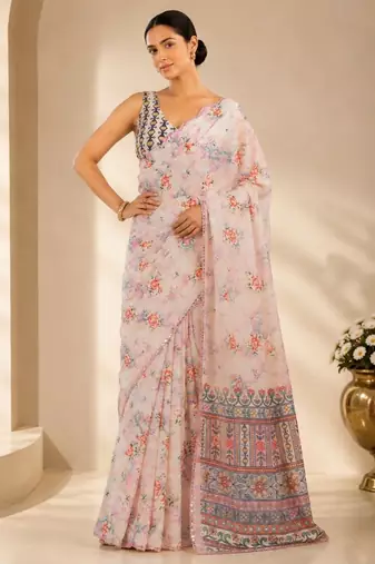 printed chinon silk blend mirror lace saree