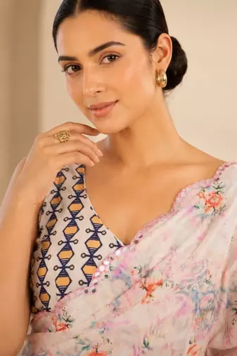printed chinon silk blend mirror lace saree