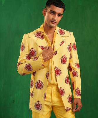 Bright yellow embroidered slub silk organza crepe blazer set 4
