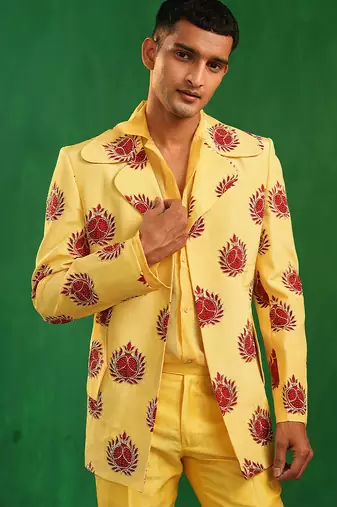 Bright yellow embroidered slub silk organza crepe blazer set