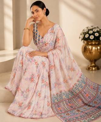 printed chinon silk blend mirror lace saree 4