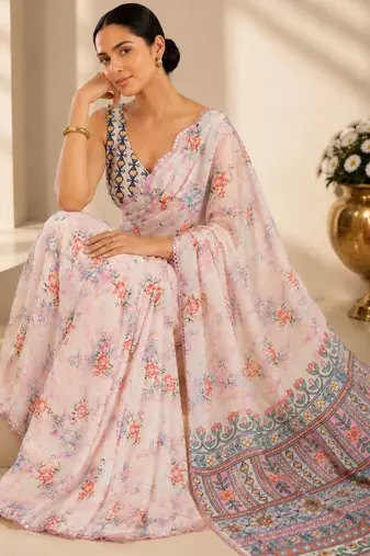 printed chinon silk blend mirror lace saree