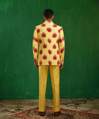 Bright yellow embroidered slub silk organza crepe blazer set 5