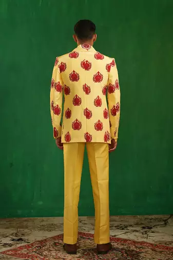 Bright yellow embroidered slub silk organza crepe blazer set