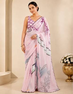printed chinon silk blend mirror lace saree 1