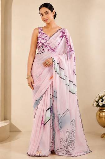 lavender printed silk blend mirror lace saree
