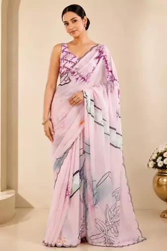 lavender printed silk blend mirror lace saree