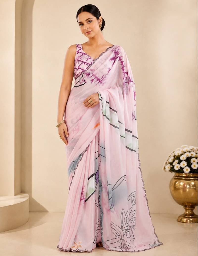 printed chinon silk blend mirror lace saree