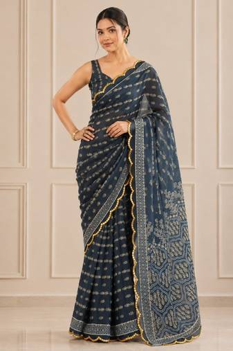 navy blue heavy silk blend mirror work saree