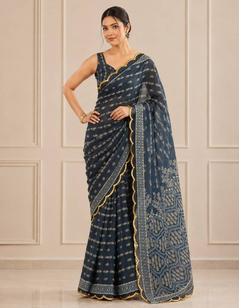 premium heavy chinon silk blend mirror work saree