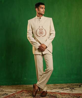 Soft ivory embroidered imported suiting jodhpuri jacket set 1