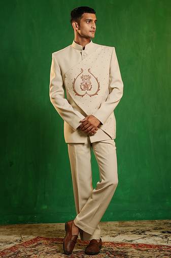 Soft ivory embroidered imported suiting jodhpuri jacket set