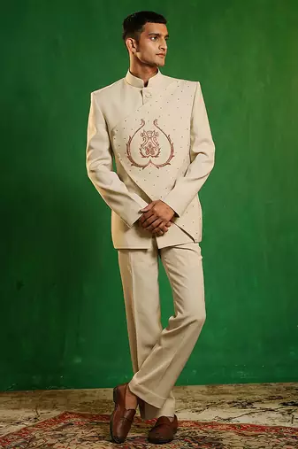 Soft ivory embroidered imported suiting jodhpuri jacket set
