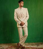 Soft ivory embroidered imported suiting jodhpuri jacket set