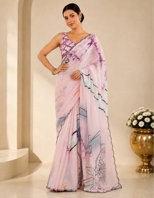 printed chinon silk blend mirror lace saree 2