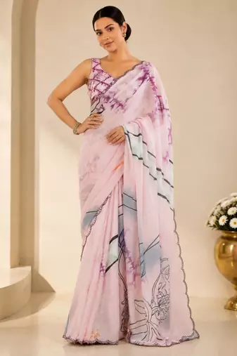 lavender printed silk blend mirror lace saree