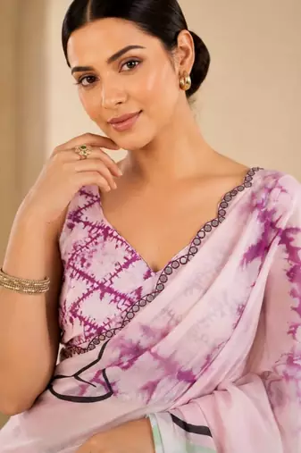 lavender printed silk blend mirror lace saree