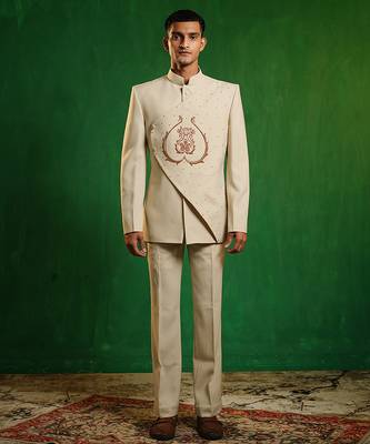 Soft ivory embroidered imported suiting jodhpuri jacket set 2