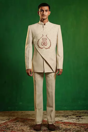 Soft ivory embroidered imported suiting jodhpuri jacket set