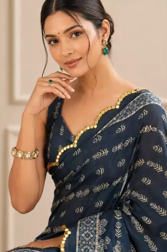 premium heavy chinon silk blend mirror work saree