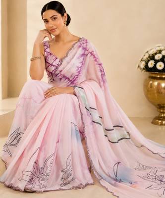 printed chinon silk blend mirror lace saree 4