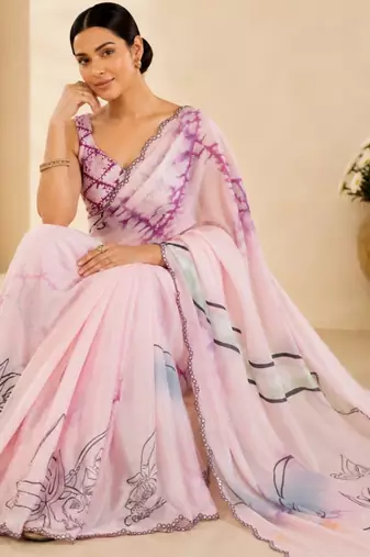 lavender printed silk blend mirror lace saree