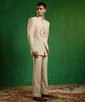 Soft ivory embroidered imported suiting jodhpuri jacket set 3