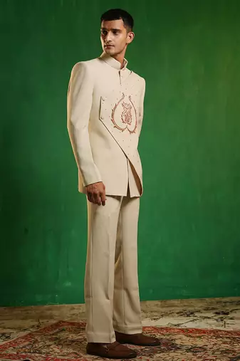 Soft ivory embroidered imported suiting jodhpuri jacket set