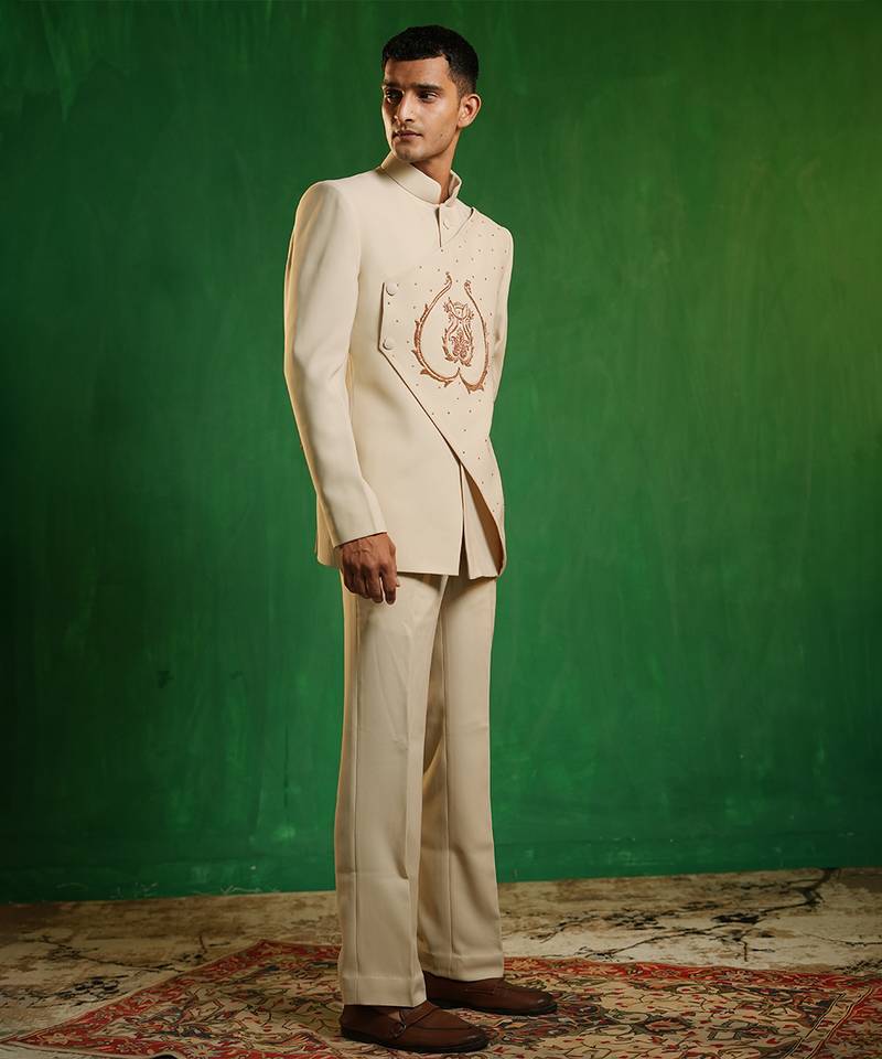 Soft ivory embroidered imported suiting jodhpuri jacket set