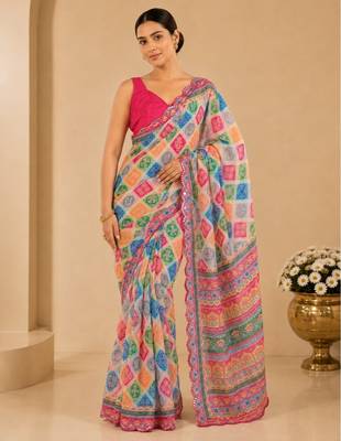 printed chinon silk blend mirror lace saree 1