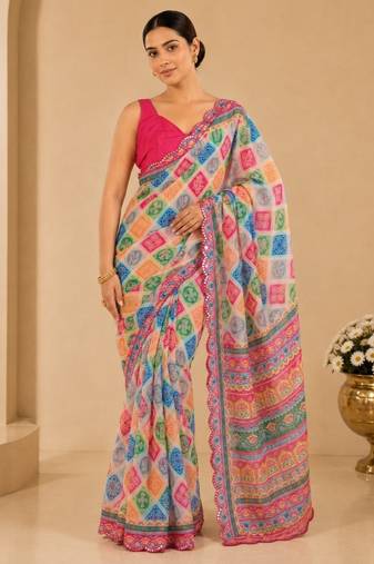 multicolor printed silk blend mirror lace saree