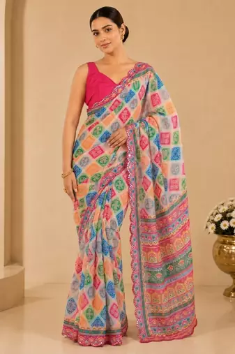 multicolor printed silk blend mirror lace saree