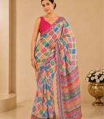 printed chinon silk blend mirror lace saree