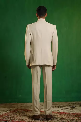 Soft ivory embroidered imported suiting jodhpuri jacket set