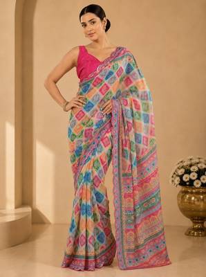 printed chinon silk blend mirror lace saree 2