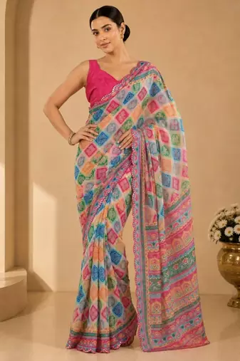 multicolor printed silk blend mirror lace saree