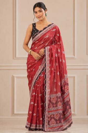 red heavy silk blend mirror work saree