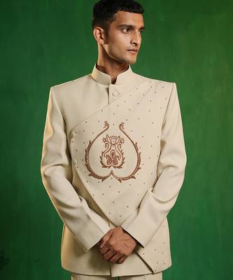 Soft ivory embroidered imported suiting jodhpuri jacket set 5