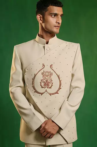 Soft ivory embroidered imported suiting jodhpuri jacket set