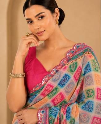 printed chinon silk blend mirror lace saree 3