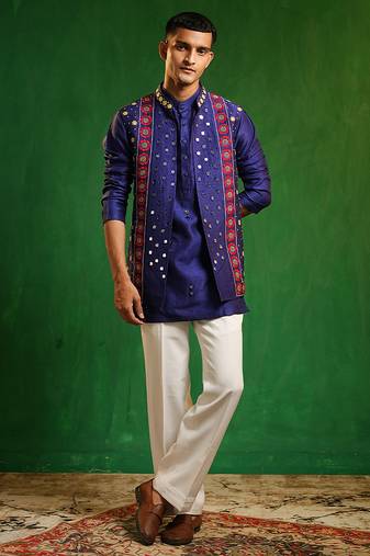 Deep royal blue embroidered slub silk kurta jacket set