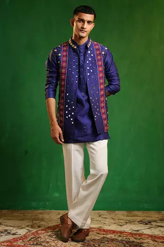 Deep royal blue embroidered slub silk kurta jacket set