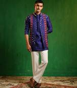 Deep royal blue embroidered slub silk kurta jacket set