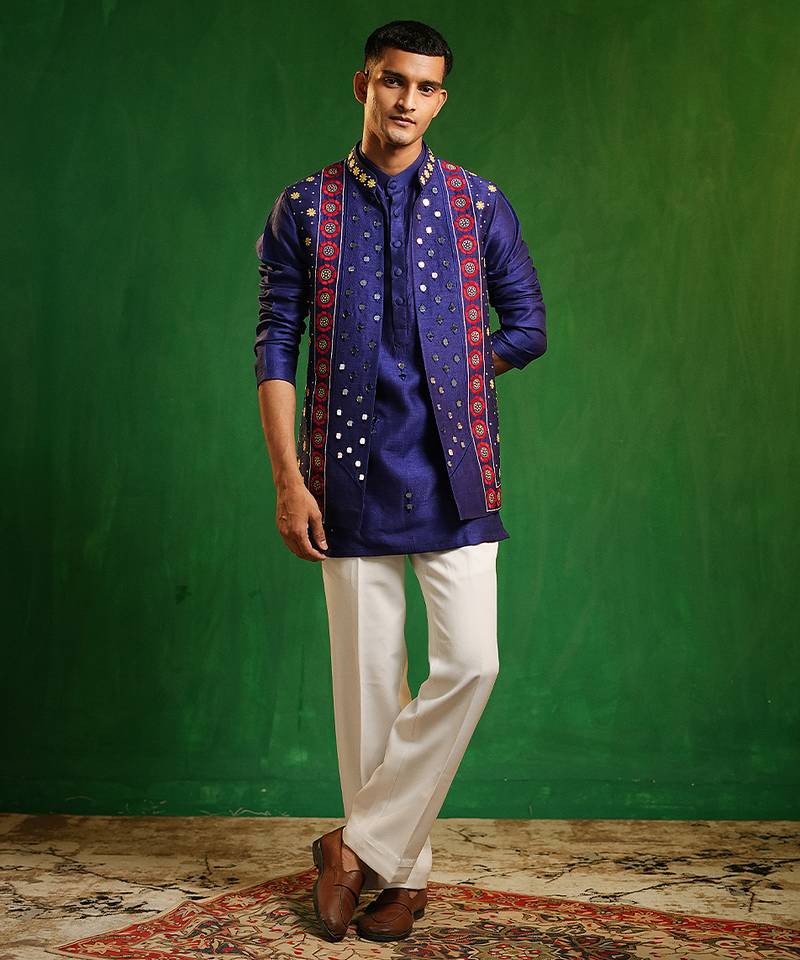 Deep royal blue embroidered slub silk kurta jacket set