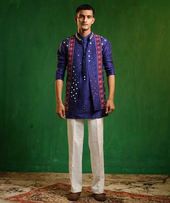 Deep royal blue embroidered slub silk kurta jacket set 2