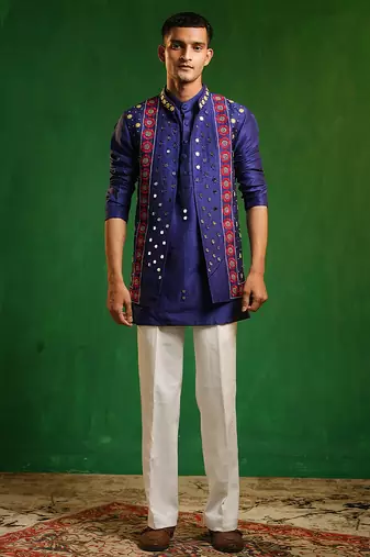 Deep royal blue embroidered slub silk kurta jacket set
