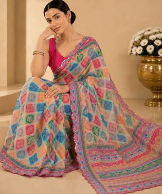 printed chinon silk blend mirror lace saree 4