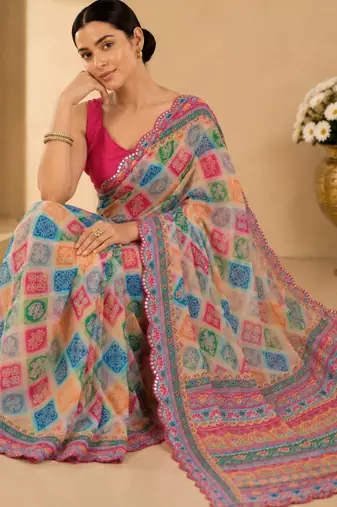 multicolor printed silk blend mirror lace saree