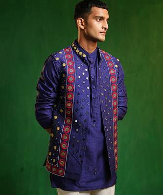 Deep royal blue embroidered slub silk kurta jacket set 3
